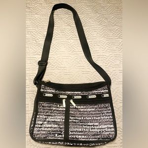 Vintage LeSportSac Black All over text print messenger adjustable crossbody bag